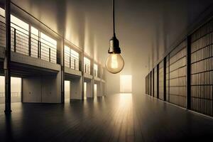 an empty hallway with a light bulb hanging from the ceiling. AI-Generated photo