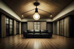 a room with a black couch and light bulb. AI-Generated photo