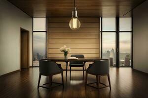 un comida habitación con un mesa y sillas. generado por ai foto
