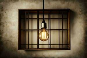 a light bulb is hanging from a cage. AI-Generated photo