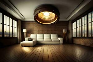 a modern living room with a large light fixture. AI-Generated photo