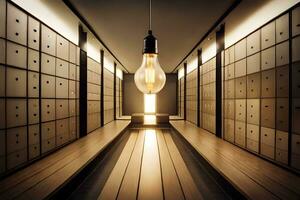 a light bulb is hanging from the ceiling in a hallway. AI-Generated photo