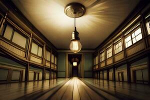 a long hallway with a light bulb hanging from the ceiling. AI-Generated photo