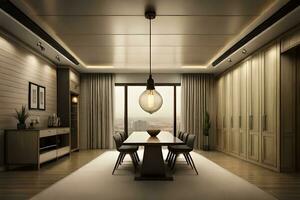 a dining room with a large pendant light hanging above it. AI-Generated photo