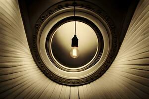 a light bulb is hanging from a circular window. AI-Generated photo