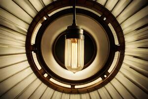 a light bulb is hanging from a circular light fixture. AI-Generated photo