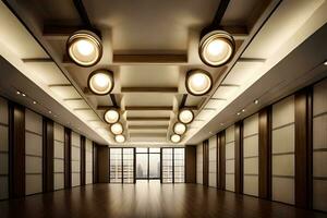 a long hallway with lots of lights and wooden floors. AI-Generated photo