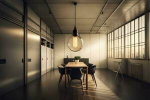 un industrial estilo comida habitación con un mesa y sillas. generado por ai foto
