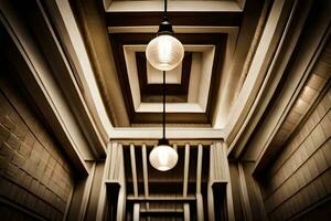 a light fixture hangs from the ceiling of a hallway. AI-Generated photo