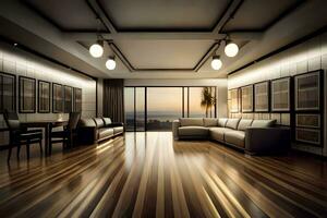 a modern living room with wooden floors and a large window. AI-Generated photo