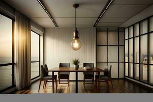 un comida habitación con un mesa y sillas. generado por ai foto