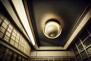a ceiling light is hanging from the ceiling in a building. AI-Generated photo