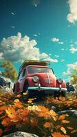 Vintage car on the background of autumn landscape field. Generative AI photo