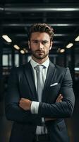 Confident Businessman Portrait of Success. Corporate motivated leader. Handsome man in a formal suit. Generative AI photo