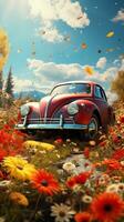 Vintage car on the background of autumn landscape field. Generative AI photo