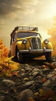 Vintage car on the background of autumn landscape field. Generative AI photo