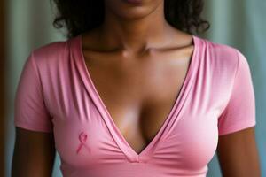 rosado octubre - mujer vistiendo rosado blusa con arco, símbolo de pecho cáncer conciencia. internacional conciencia movimiento para el temprano detección de pecho cáncer, rosado octubre - generado por ai foto