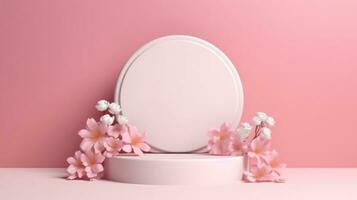 Ai, Ai generated, Minimalist 3D podium with pink flowers, a stylish stage for elegant product displays, advertising, or beauty presentations photo