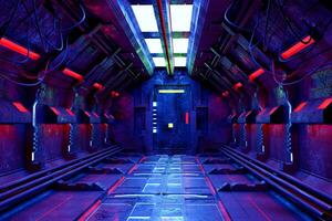 Sci-Fi grunge  corridor background illuminated with neon lights 3d render photo