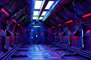 Sci-Fi grunge  corridor background illuminated with neon lights 3d render photo