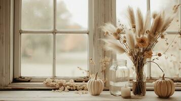 generativo ai, otoño rústico decoración para hogar y celebracion concepto, calabazas y plantas, otoño antecedentes foto