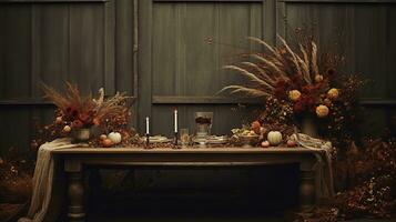 Generative AI, Autumn rustic decoration for home and celebration concept, pumpkins and plants, autumn background photo