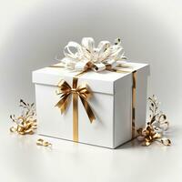 Gift box with gold ribbon bow.  generative aiChristmas present photo