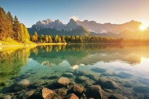 Impressive summer sunrise on Eibsee Lake with Zugspitze mountain range. AI Generated photo