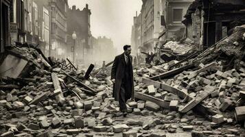 Resiliencia en medio de caos elegante hombre caminando mediante segunda Guerra Mundial bombardeado ciudad escombros generativo ai foto