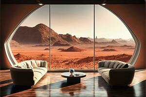 Mars View Living Room   generative ai photo