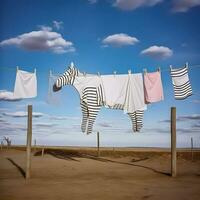 Zebra-Inspired Laundry Drying on Clothesline. Generative AI. photo