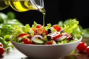 salud beneficios de sano ensalada, en el estilo de preciso detallando, suave y brillante. ai generado foto