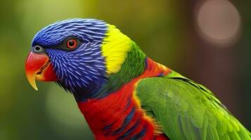 Side view Closeup of beautiful and colorful Lorikeet Green naped bird. Generative AI photo