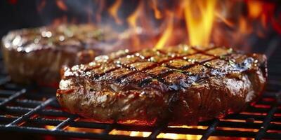 Beef ribeye steak grilling on a flaming grill. Generative AI photo