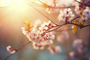 Spring blossom background. Nature scene with blooming tree and sun flare. Generative AI photo