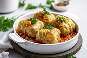 Stuffed cabbage with rice on a white table. Generative AI photo