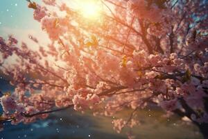 Spring blossom background. Nature scene with blooming tree and sun flare. Generative AI photo