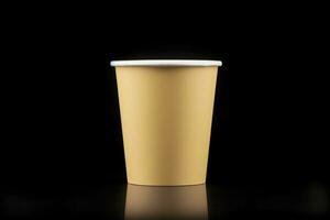 Side view yellow empty disposable paper fast food cup isolated on black background. Generative AI photo