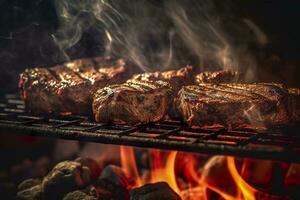Meat grilling on a charcoal grill with smoke rising. AI Generated photo