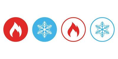 caliente y frío icono. fuego y copo de nieve signo. calefacción y enfriamiento botón. temperatura ajustamiento botones icono vector