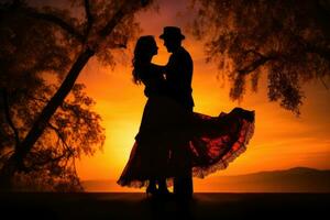 Silhouette of dancing couple at sunset. Generative AI photo