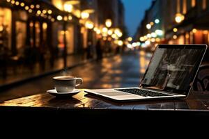 Laptop and cup of coffee at night street cafe. Generative AI photo