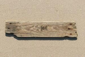 Sea drift wood plank isolated on beach sand background. Template mockup photo