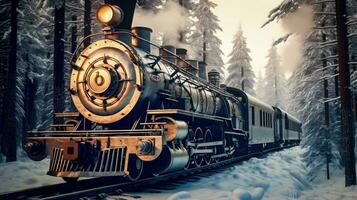 retrofuturista Steampunk tren en medio de siberiano congelado bosque generativo ai foto