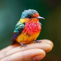 microcósmico armonía generativo ai capturas delicado pájaro encaramado en dedo foto