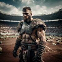 moderno vikingo gladiador a un americano fútbol americano estadio. generativo ai. foto