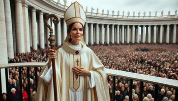 Historic Moment Female Pope Elected on Vatican Balcony. Generative ai. photo