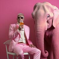 Unconventional Encounter Drunk Man Sharing a Drink with a Pink Elephant in a Bar - Generative AI Art photo