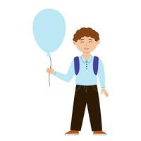 contento chico con un mochila y un globo en un colegio uniforme. vector ilustración con espalda a colegio concepto