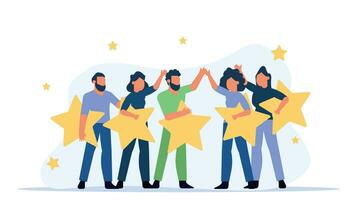 Group of five people are standing in a circle, giving each other high fives. They are all smiling and excited, and they are each holding a star. Vector illustration